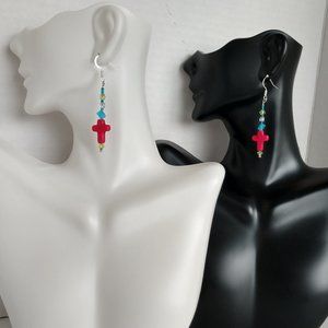 Handmade Beaded Earrings With Dark Pink Cross Stone Beads Blue & Green Beads